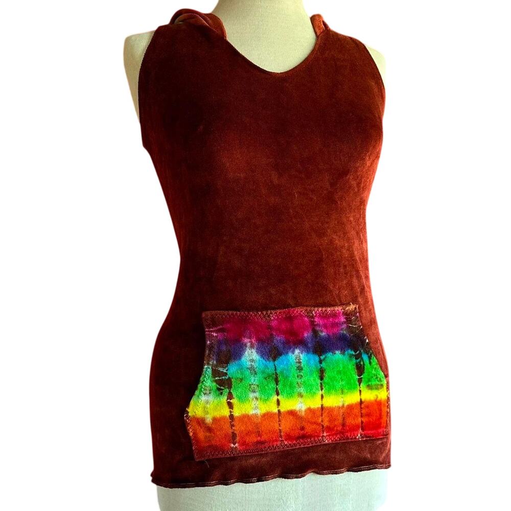 Womens Tank Hoodie Size Medium Velour Handcrafted Tie Dye Soft Funky Unique Fun